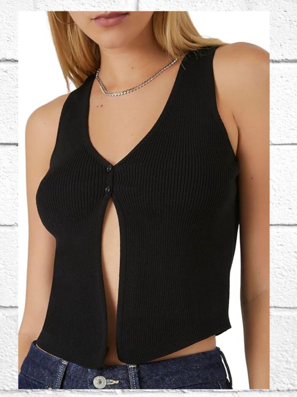 NWT! Forever 21 Black Crop Vest with V-Neckline, Two Button Closure, Rib-Knit
